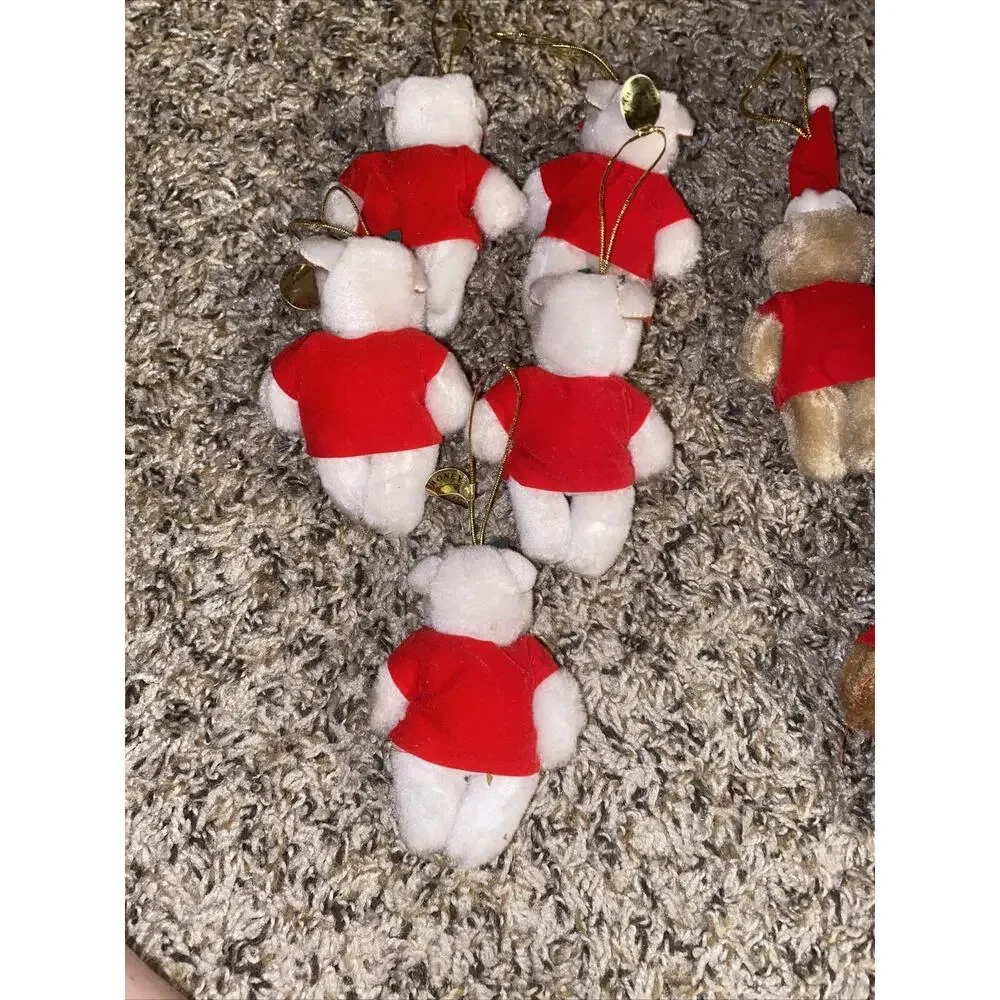 New NOS Lot Of 8 Vintage Plush Bear Ornament Merry Christmas Honey Bear 4 Inch